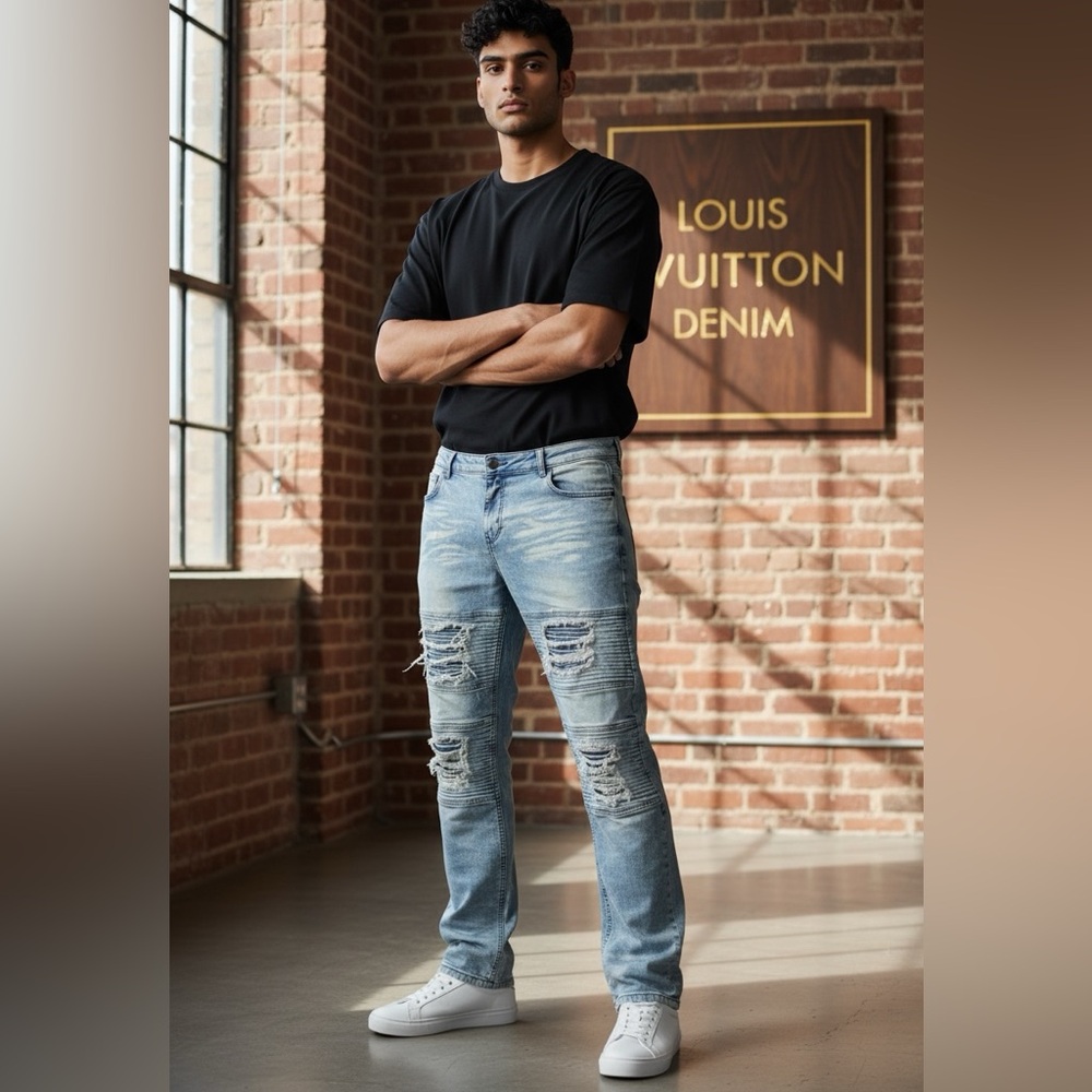 Y2K LVDENIM Men's Louis Vuitton-Marc Jacobs Distressed Blue Jeans 42x32